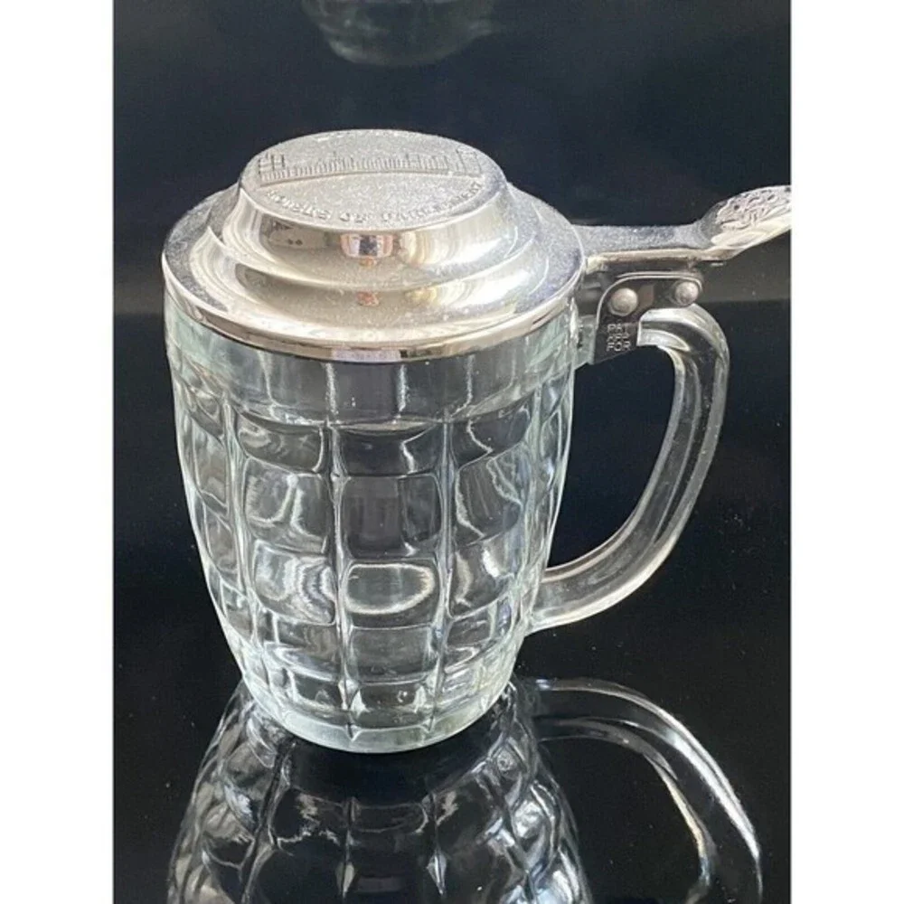 Vintage Crystal Block Cut Glass Beer Stein w/Pewter Lid and Notched Handle 10.oz